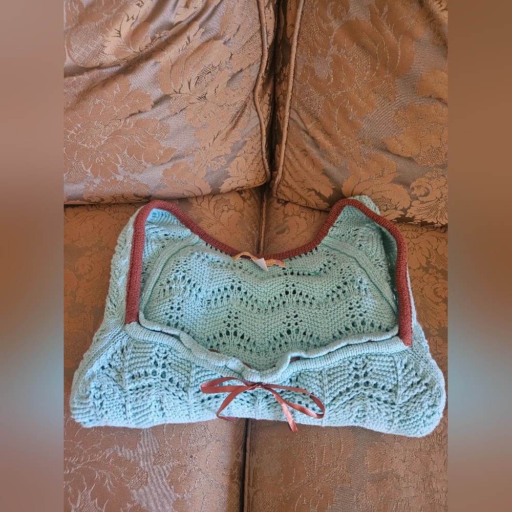 NWOT Urban Outfitters Aqua Open-Knit Sweater with Brown Trim - Picture 17 of 17